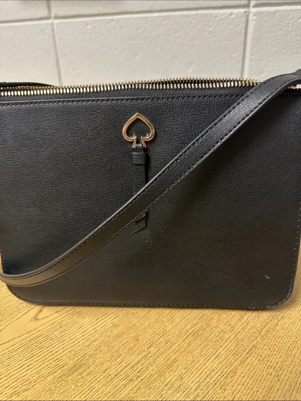 Kate Spade Adel Black Leather Cutout Spade Top Zip Crossbody Bag Gold
